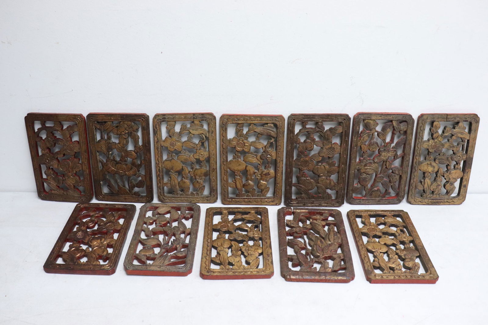 12 Chinese antique painted and gilt wood plaques: 12 Chinese antique painted and gilt wood plaques, 10.25"x6.65"x0.5" each