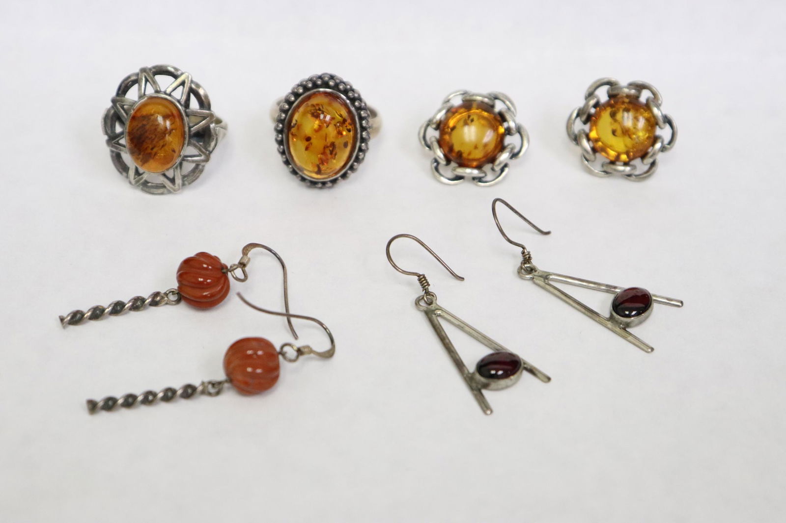2 sterling rings & 3 pr earrings w/ amber like stone (1 of 9)