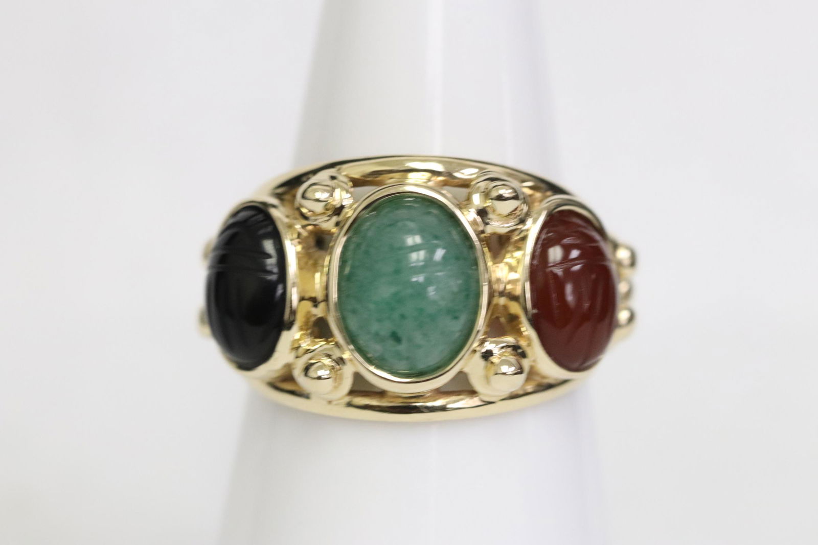 14K Y/G rings with 3 color stone carved scarabs (1 of 9)