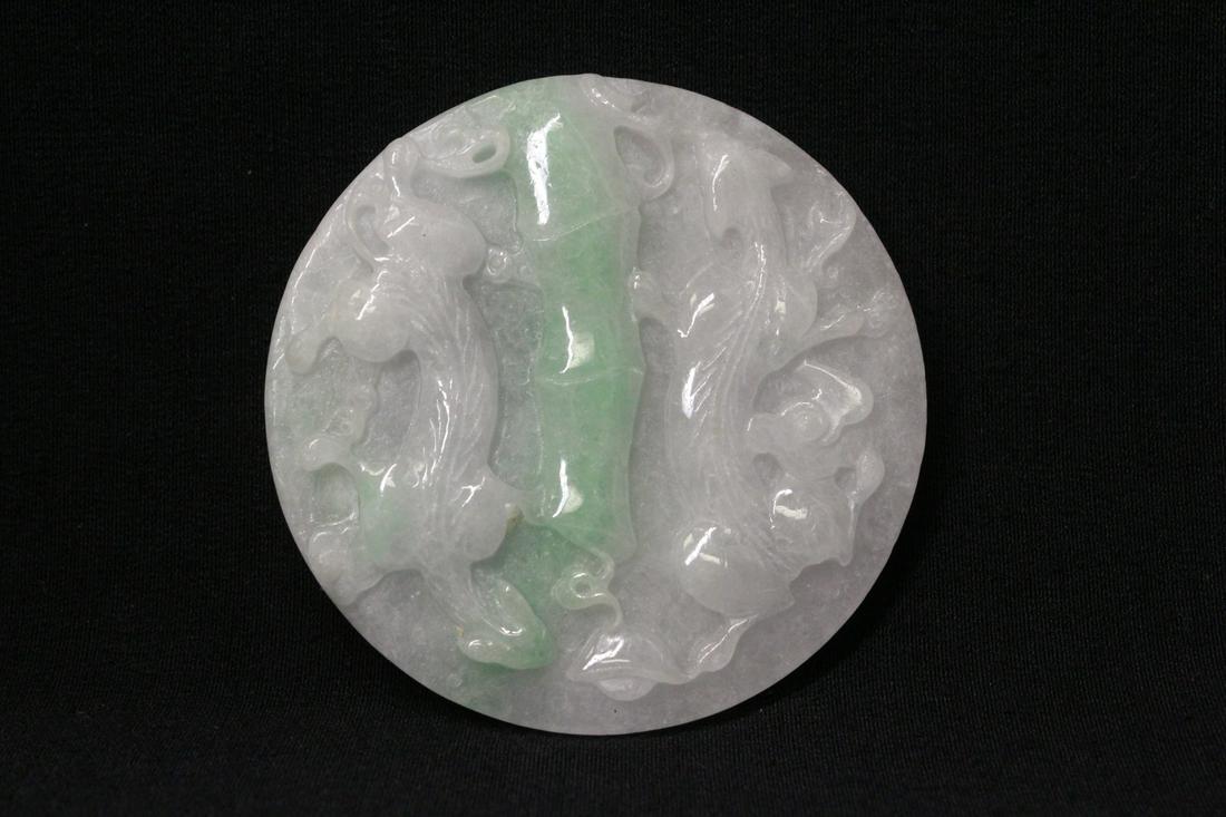 Chinese apple green/ lavender jadeite carved disc: Beautiful Chinese apple green/ lavender jadeite carved disc, one side carved with qilin, the other side with phoenix in high relief, 0.48"x2.75"dia