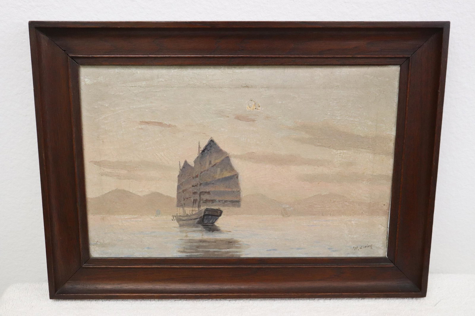 Oil on canvas "seascape with sail", signed: Oil on canvas "seascape with sail", signed, minor oil chip on center top, 8.88"x13.85"
