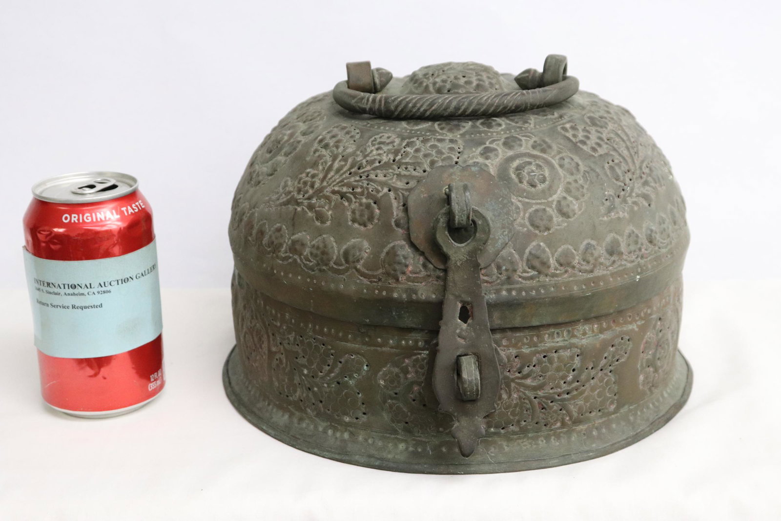 vintage Tibetan/ Mongolian bronze covered censer: Unusual vintage Tibetan/ Mongolian bronze covered censer with handle, 9"Hx12.5"x10.6"
