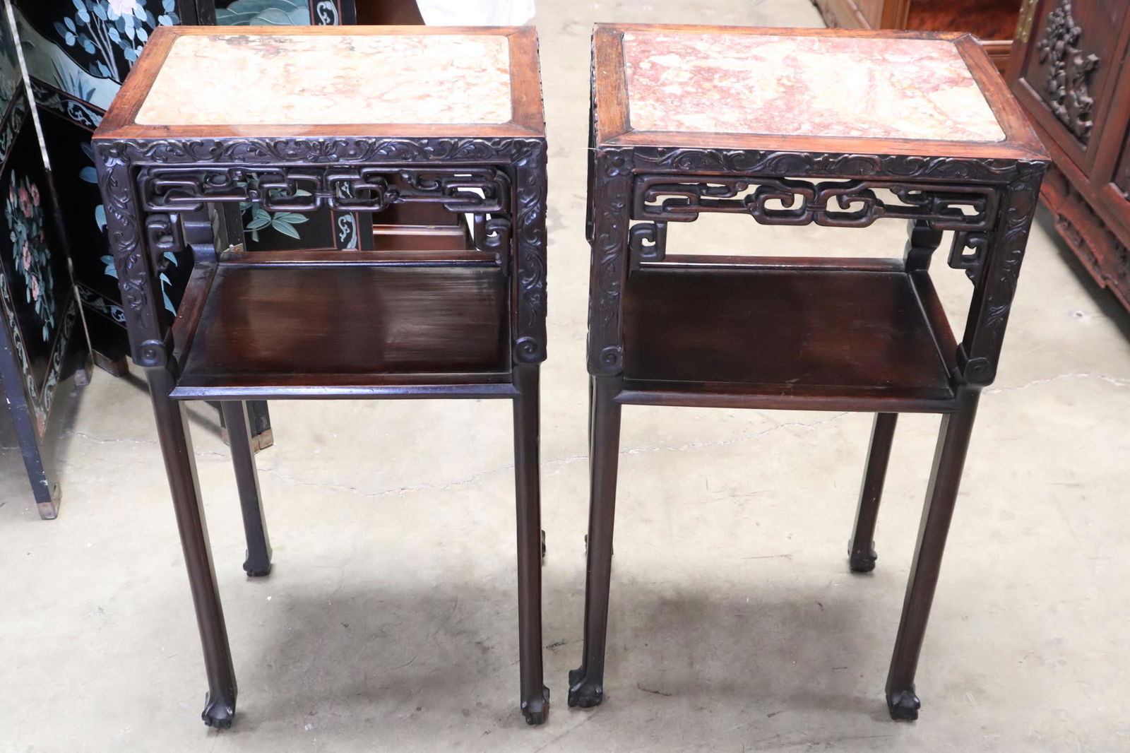 Pair Chinese antique marble top rosewood stand (1 of 11)