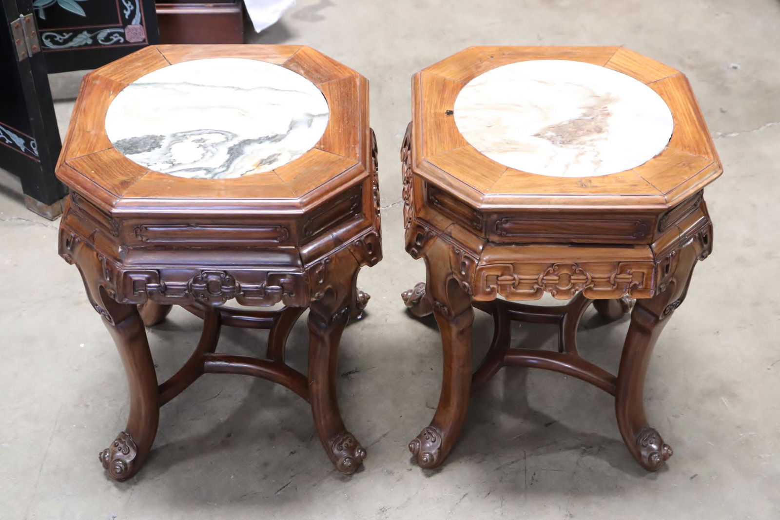 Pair fine Chinese marble top rosewood stool (1 of 10)
