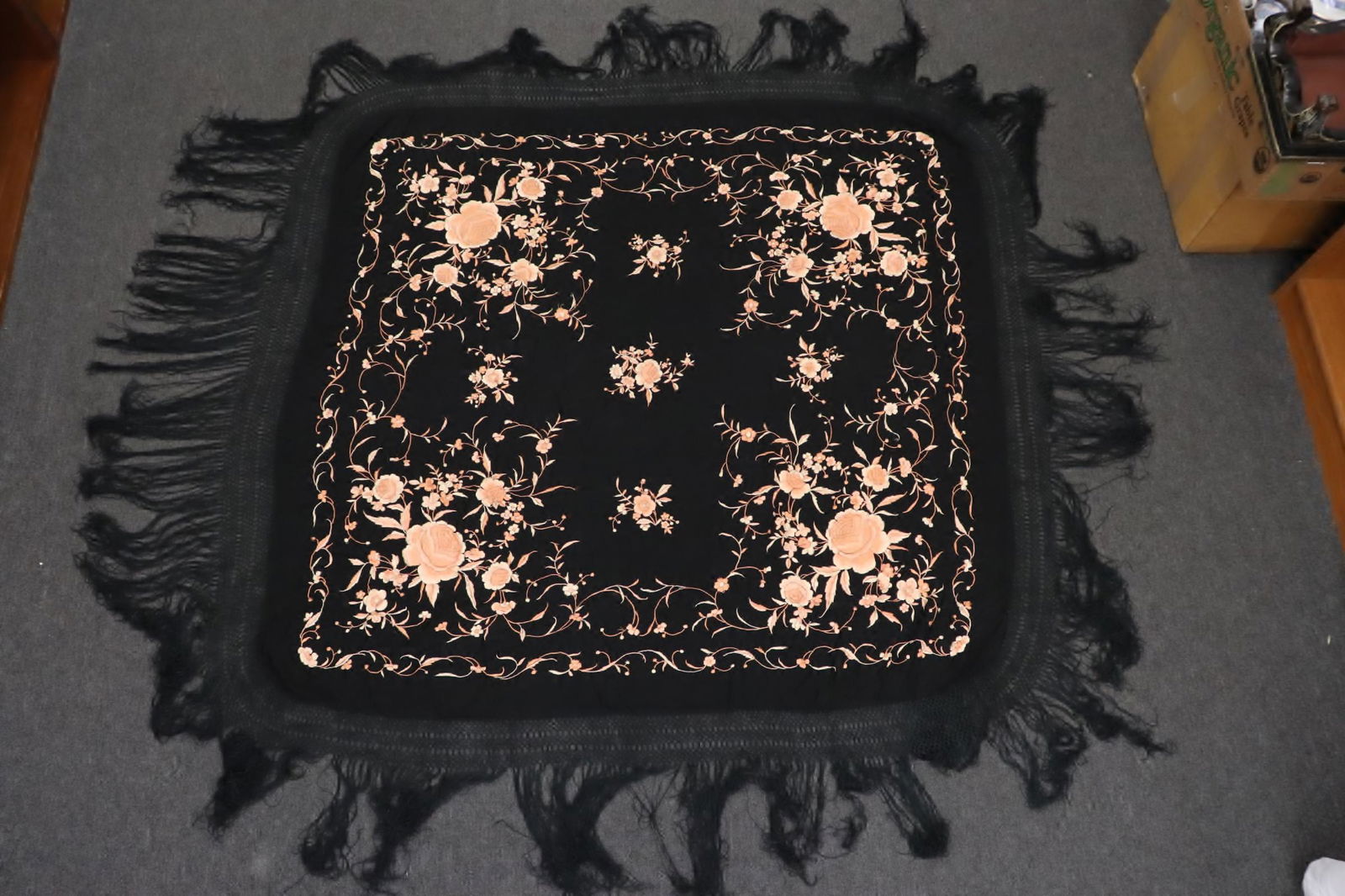 Chinese antique silk shawl with embroidery work: Chinese antique silk shawl with beautiful embroidery work, 51"x51" (do not include fringe)