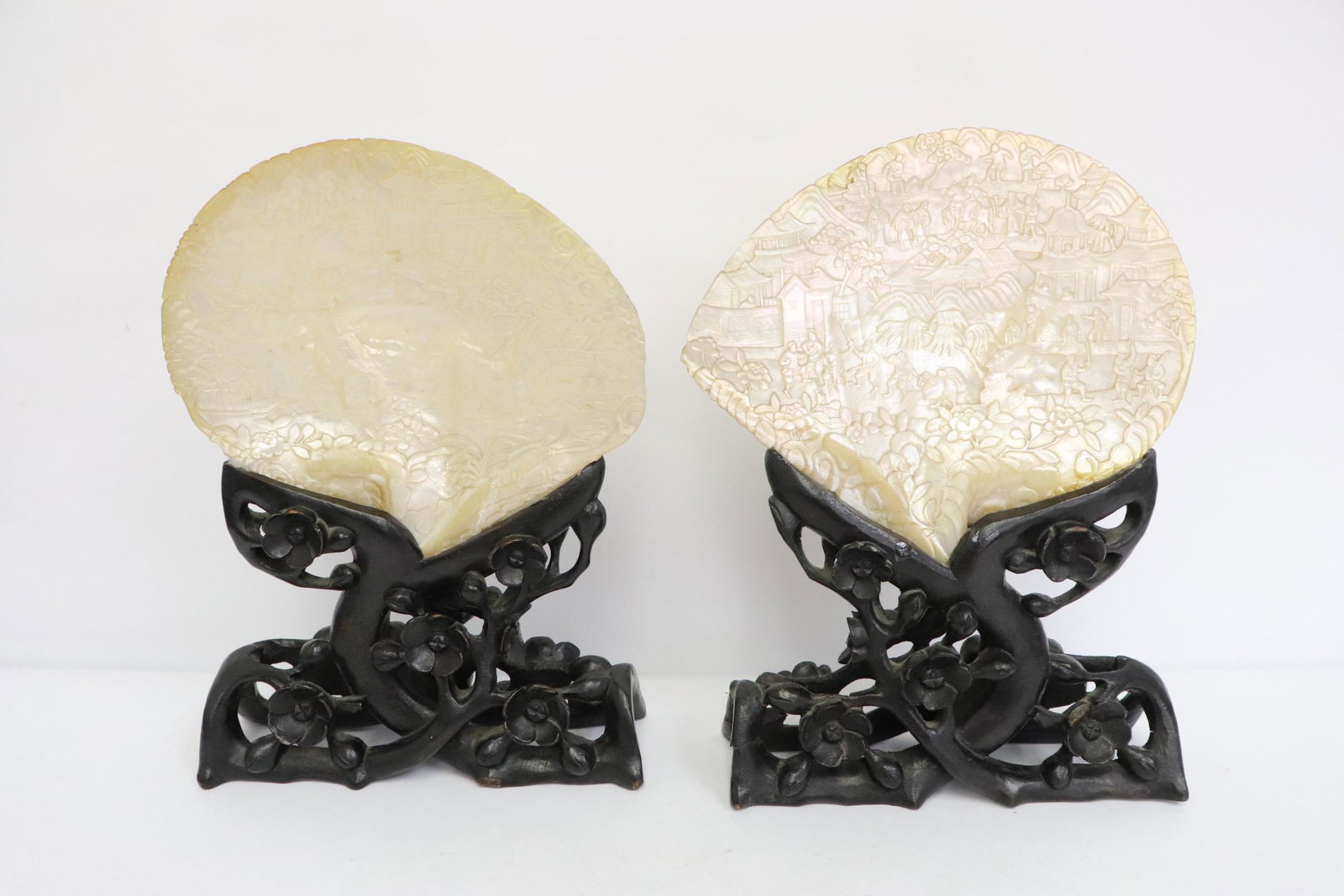 pair Chinese 19th c. carved shell on carved stand (1 of 10)