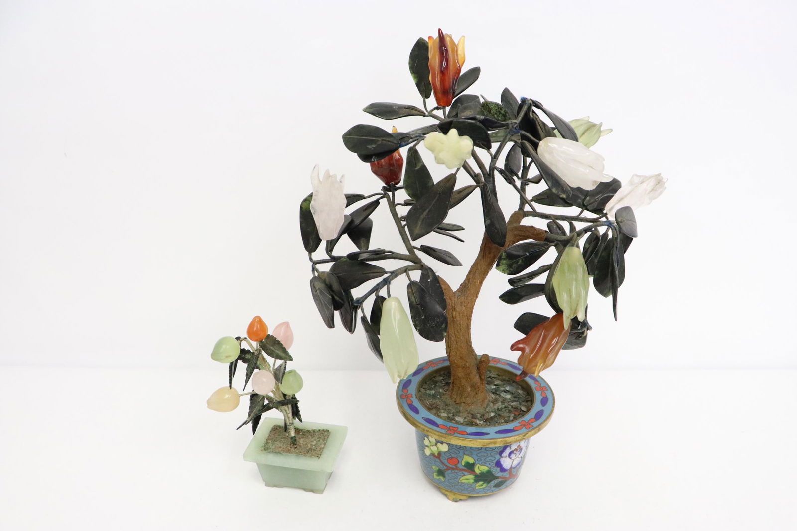 Jade tree with cloisonne base, and a small jade tree (1 of 9)