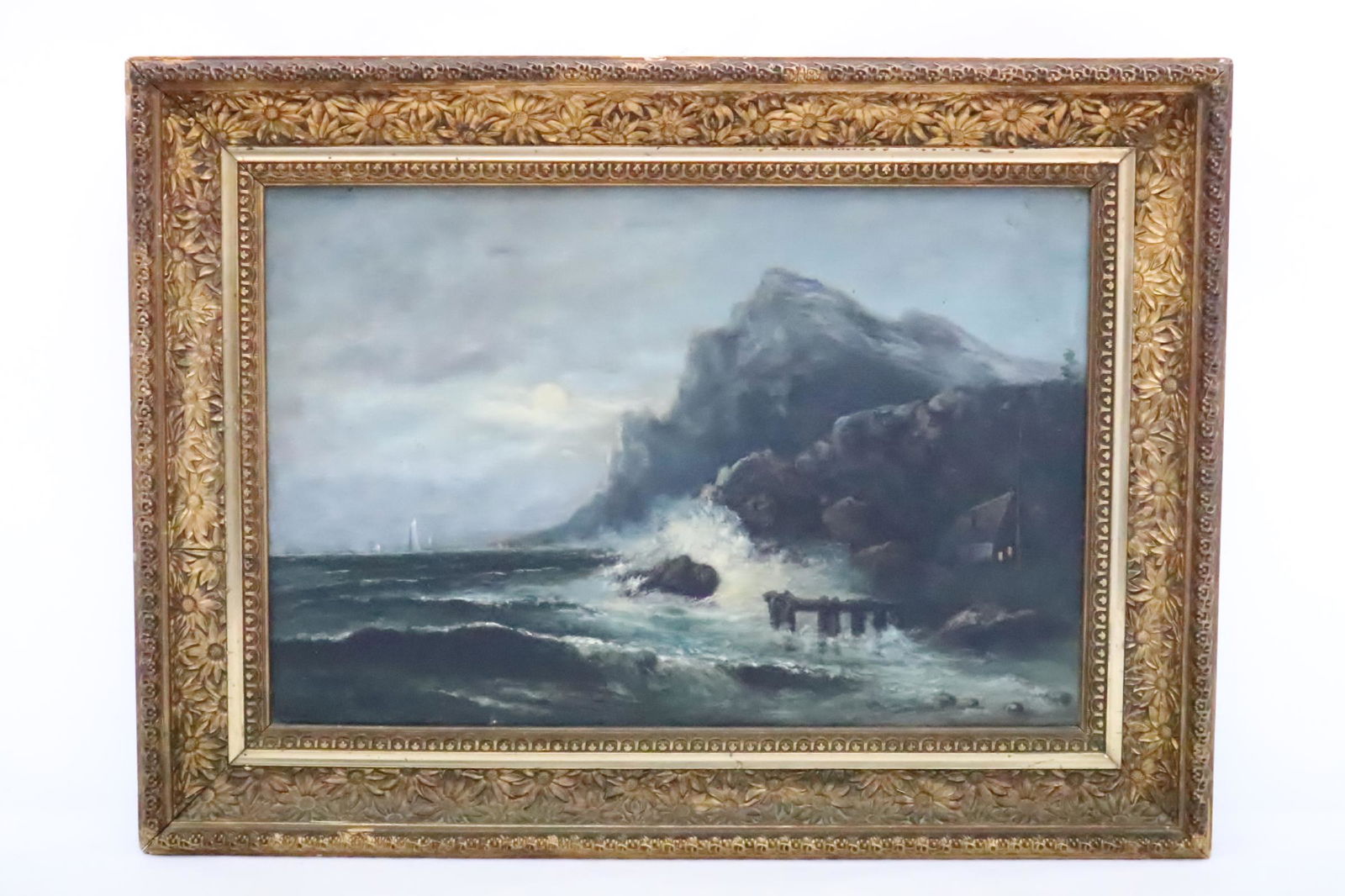 Antique oil on canvas "coastal scene", signed in (1 of 10)