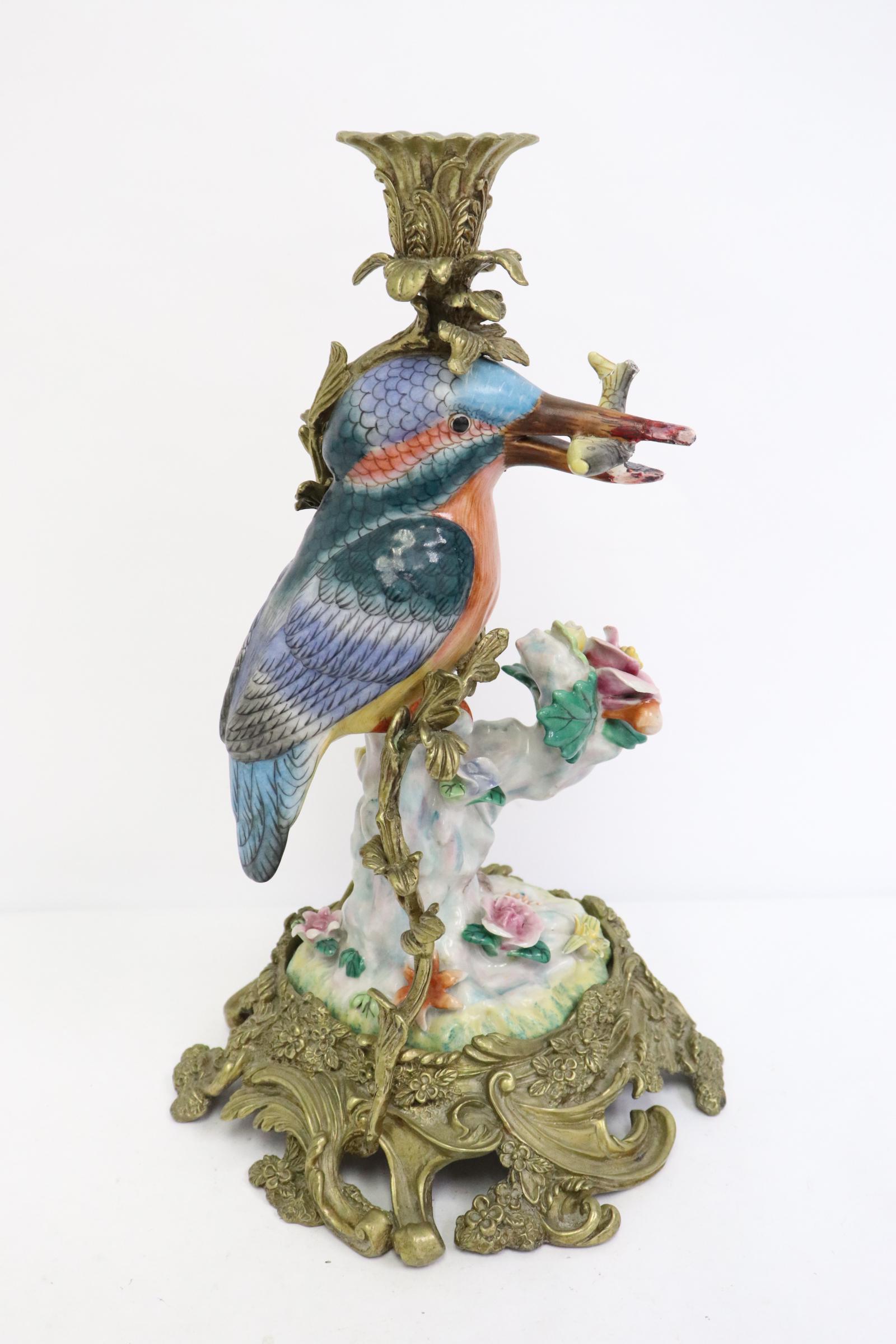 candle holder w/ porcelain sculpture & bronze ormolu: Porcelain sculpture of bird with bronze ormolu to make candle holder (bird beak repair), 11.85"Hx7.5"x7"