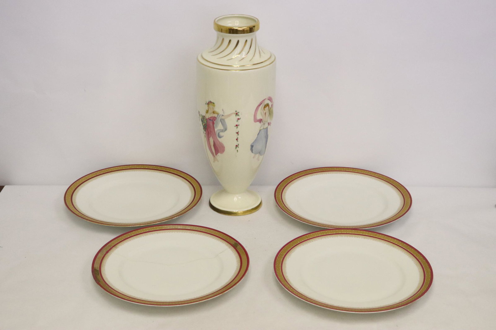 A Minton porcelain vase and 4 fancy French plates: A Minton porcelain vase (13.35"Hx15.25"dia) and 4 fancy French plates (one repair, 1"Hx9.5"dia each)
