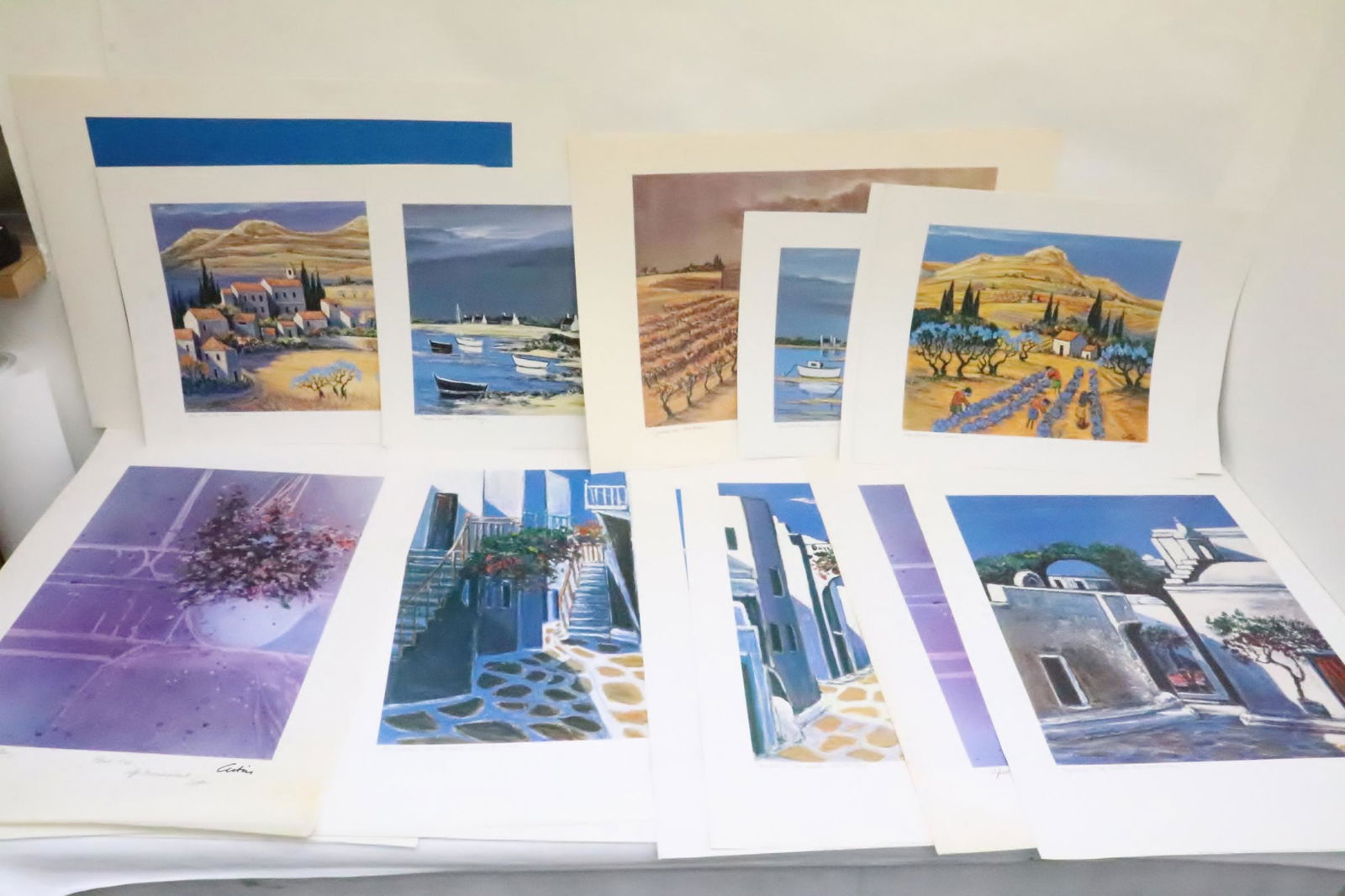 prints in color by Artin for Jean Pierre Tartarin,: Collection of print in color, most depicting coastal village scene by French artist Artin for Jean Pierre Tartarin, pencil signed, total 21 pieces, 9.9"x15.7" - 18.13"x22.5"