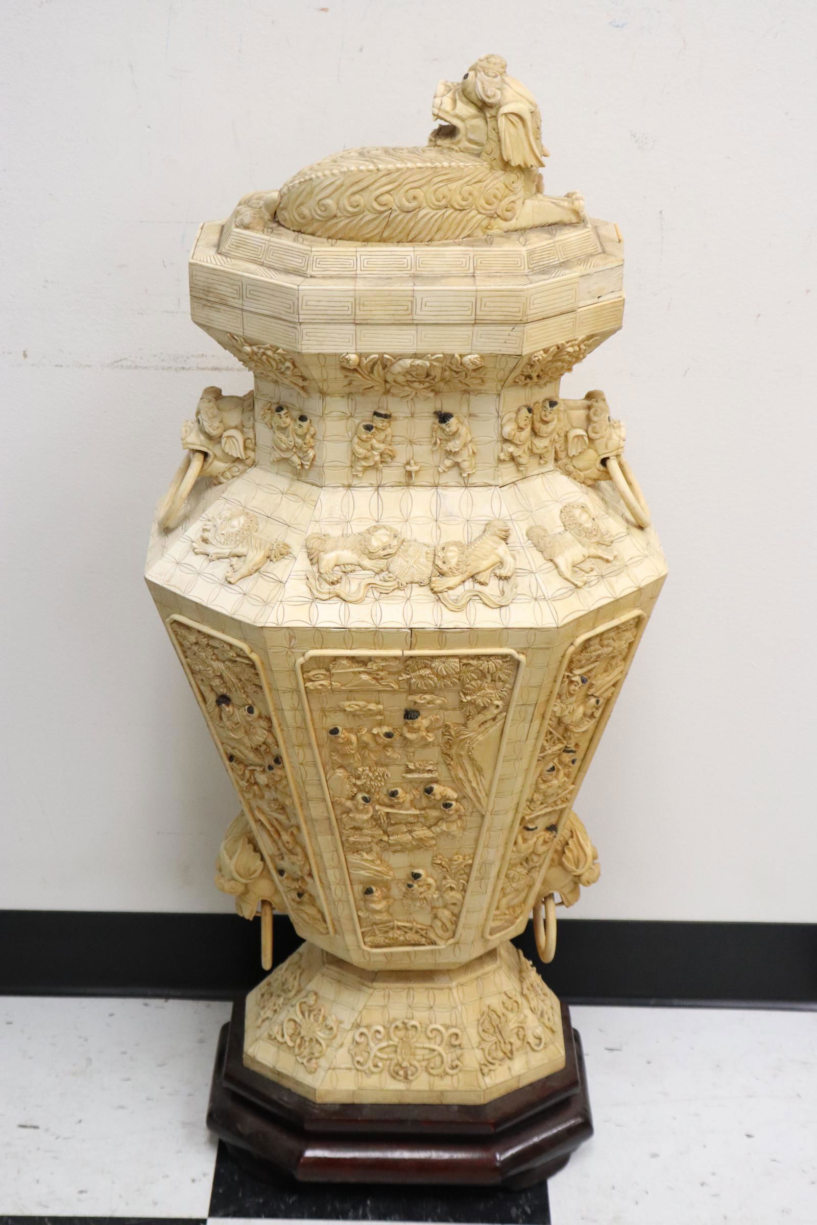 Lg Chinese bone/bone plaque decorated covered vase (1 of 12)