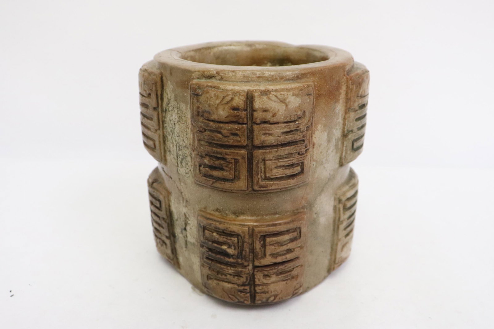 Chinese stone brush holder: Chinese stone brush holder, minor chips on surface, 5.15"Hx4.5"x4.5"