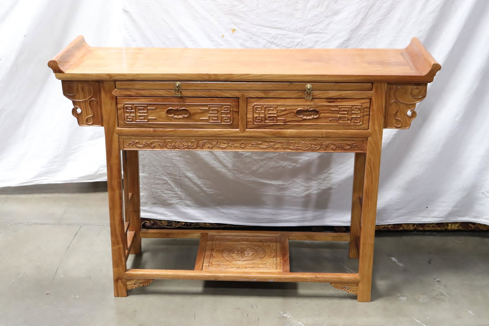 Unusual possible huanghuali wood altar table: Unusual possible huanghuali wood altar table, 36"Hx50.5"x15"