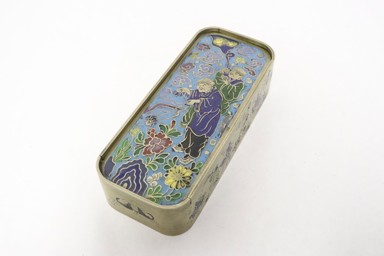 Chinese enamel on tin box: Chinese enamel on tin box, 1.5"Hx6.2"x2.6"