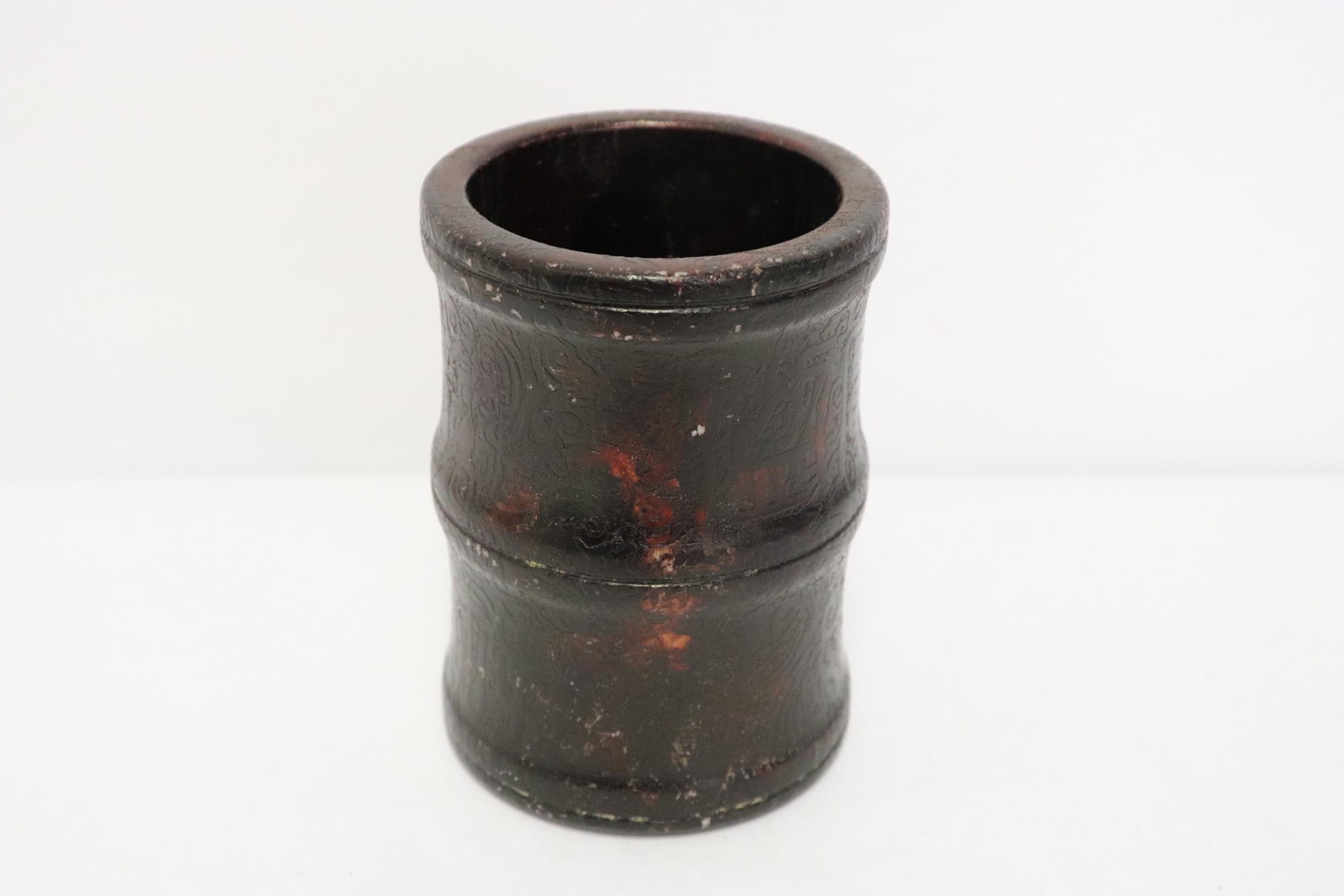 Unusual stone carved brush holder: Unusual stone carved brush holder, 5.45"Hx3.85"dia