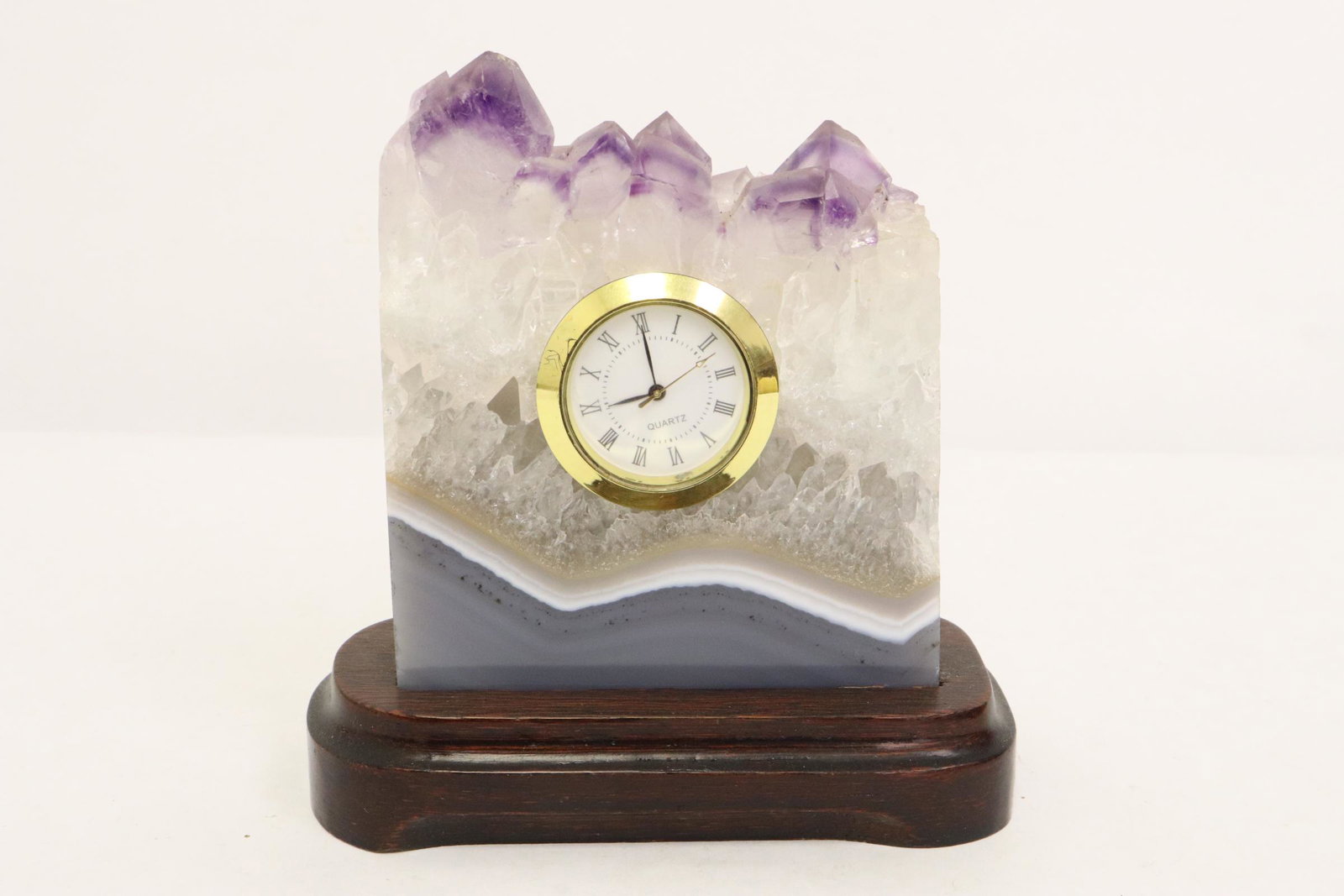 Unusual amethyst geo decorated clock: Unusual amethyst geo decorated clock (3.85"Hx3.5"x0.8")