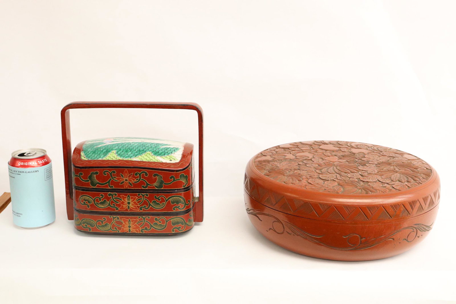 A lacquer box and a lacquer stacked box: A lacquer box (4.7"Hx12.25"dia) and a lacquer stacked box (8.25"Hx8.5"x4.8") with porcelain top