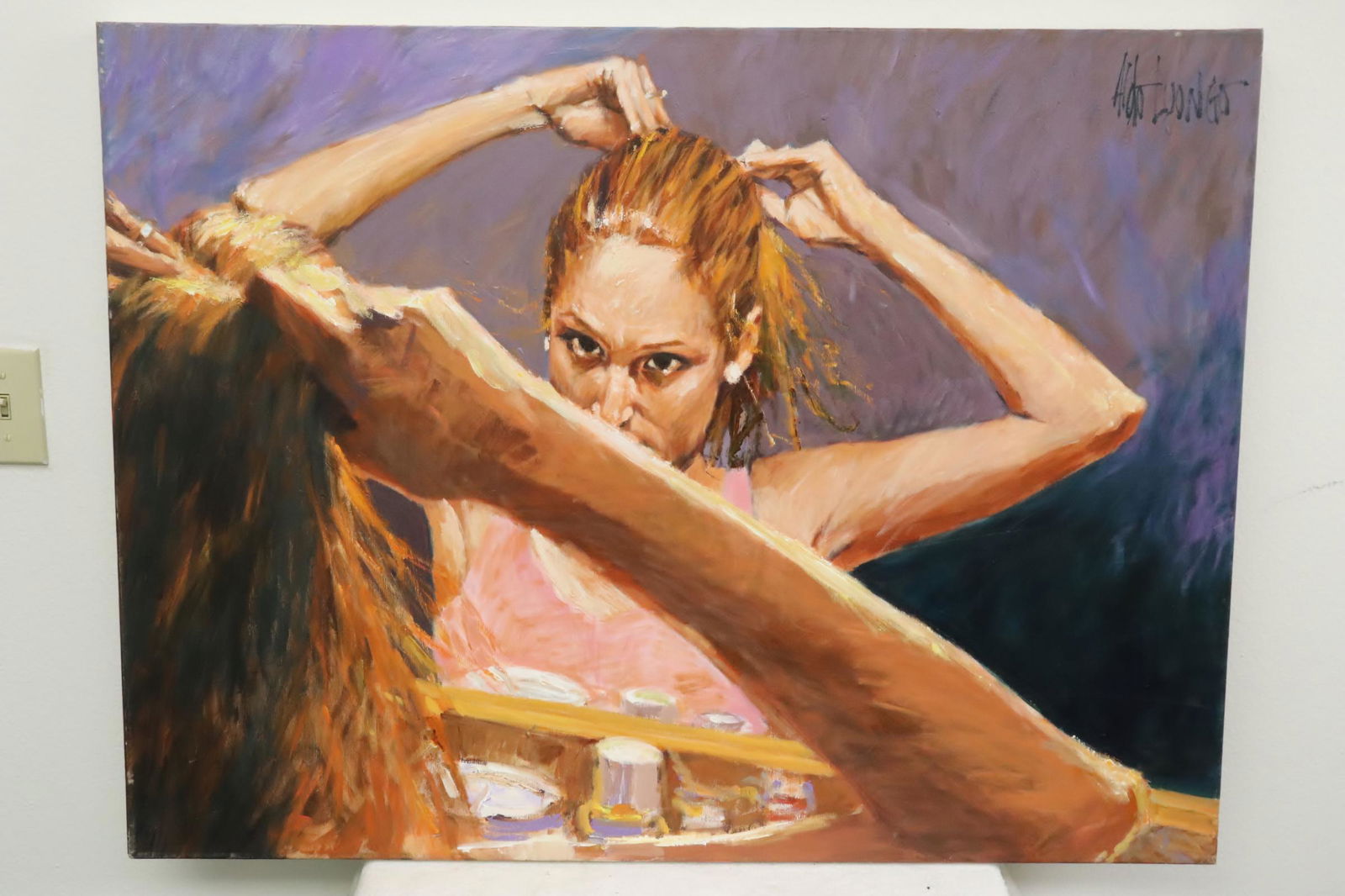 oil on canvas painting "lady in dressing room" by A ldo: A beautiful oil on canvas painting "lady in dressing room" by Aldo Luongo, 30"x40"