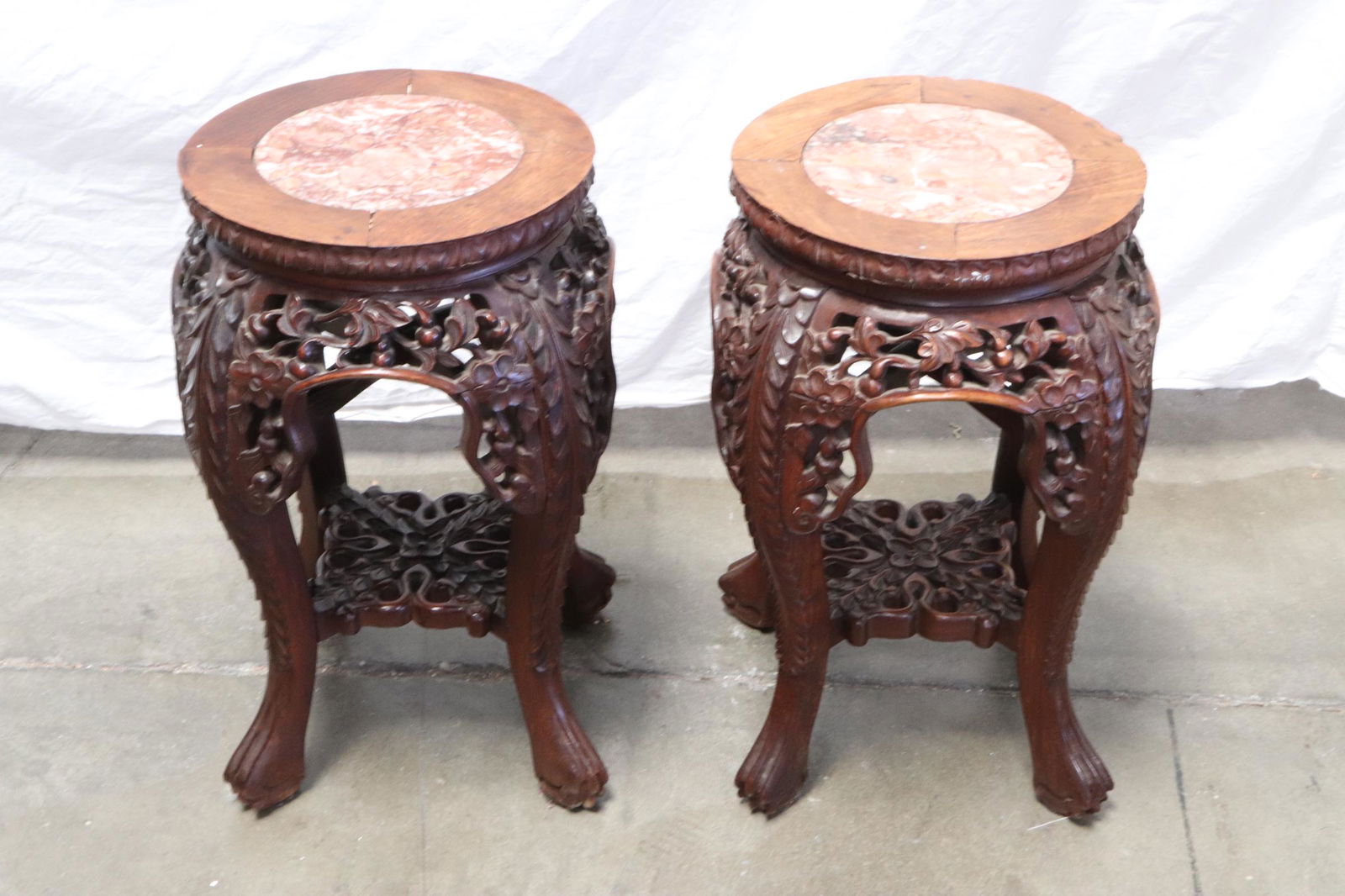 Pair Chinese vintage marble top rosewood stools (1 of 10)