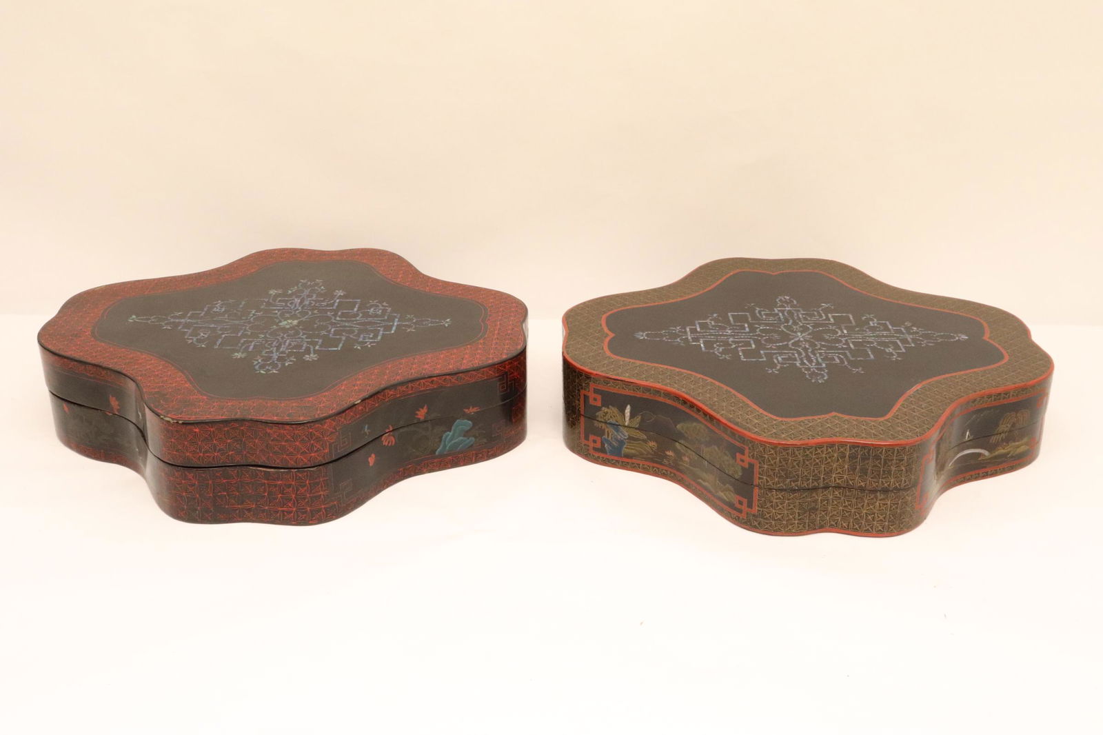 Pr Chinese large painted lacquer boxes ww/MOP inlaid (1 of 9)