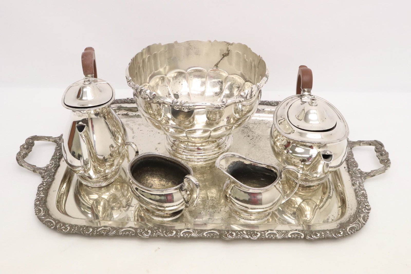 Silverplate tea set, large bowl and a serving platter: Silverplate tea set, large bowl and a serving platter
