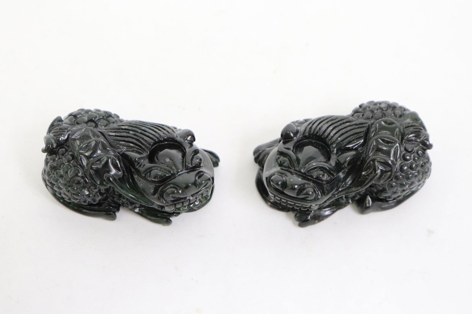 Pair Chinese dark green jadeite carved fulion (1 of 10)