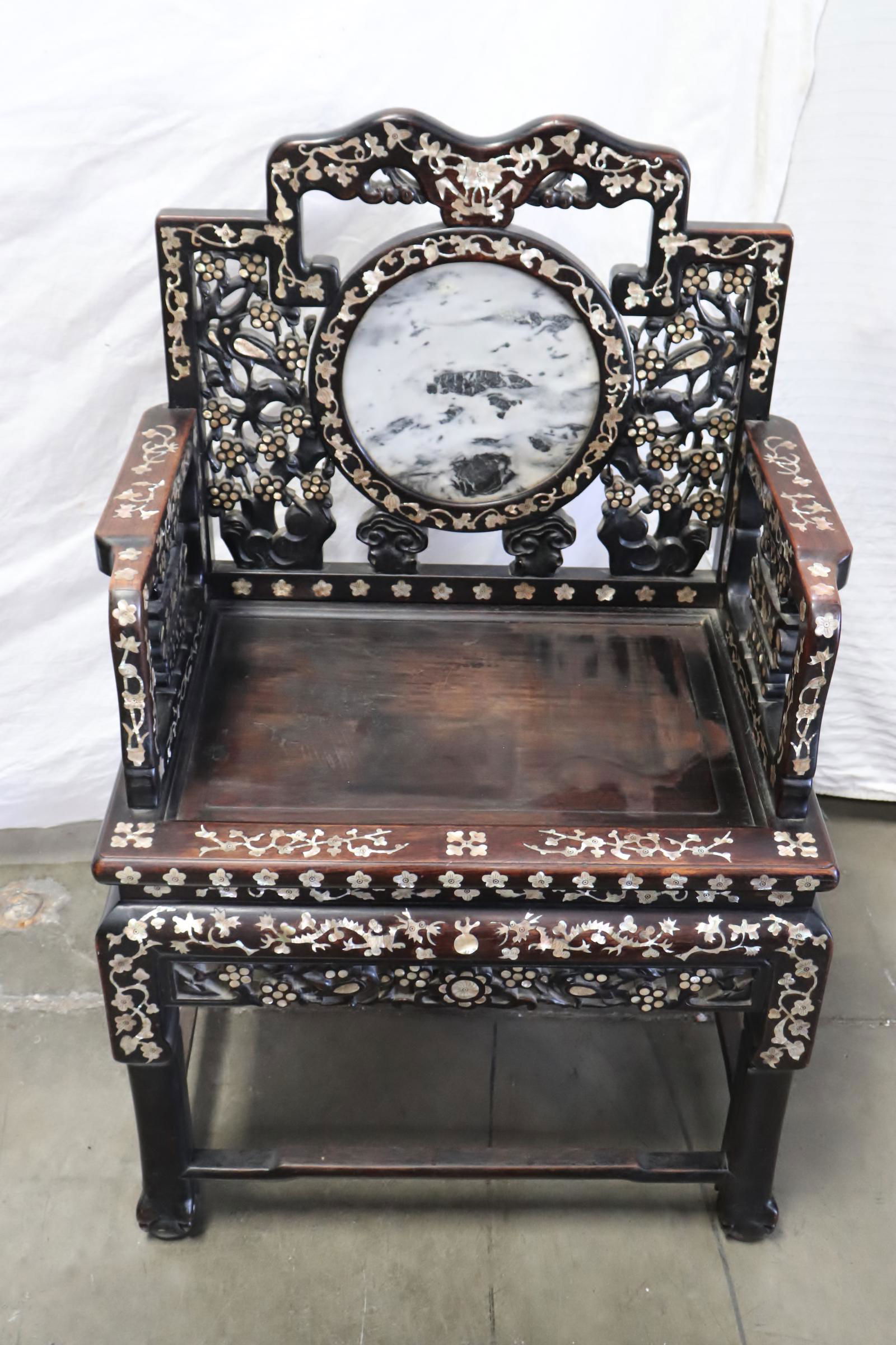 Chinese antique rosewood armchair w/ MOP inlaid: Fine Chinese antique rosewood armchair with mother of pearl inlaid, 40."Hx26.35"x19.25"