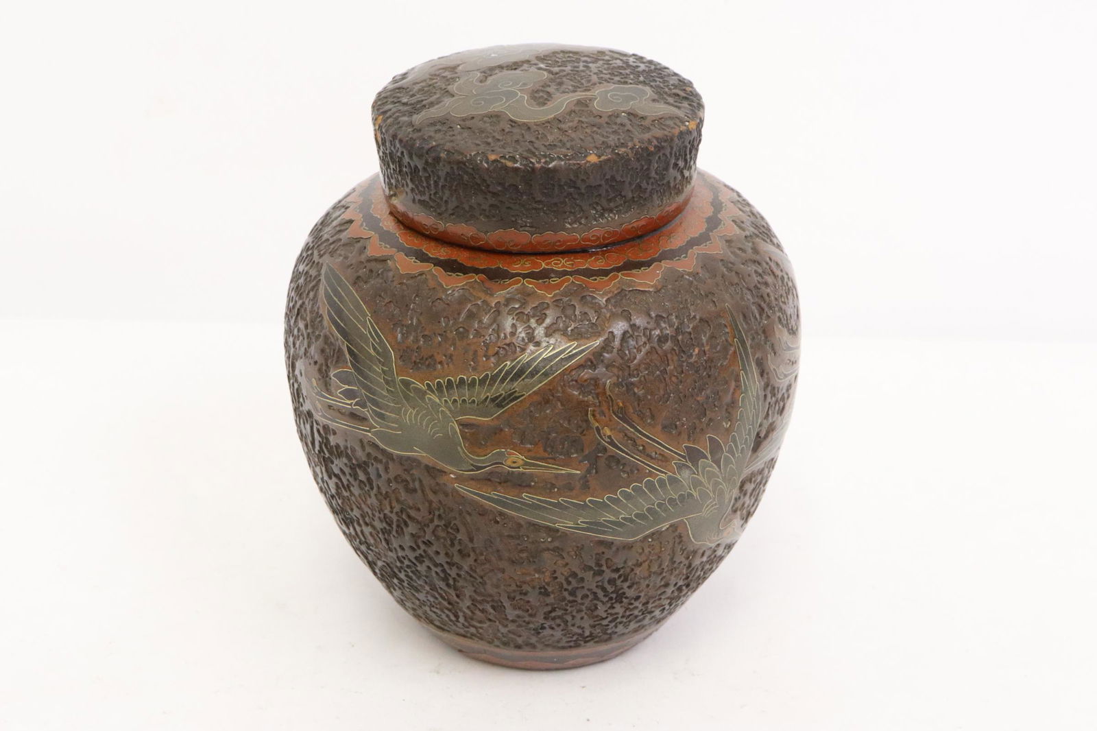 antique cloisonne on porcelain covered jar: Japanese antique cloisonne on porcelain covered jar, repair, 4.25"Hx3.5"dia