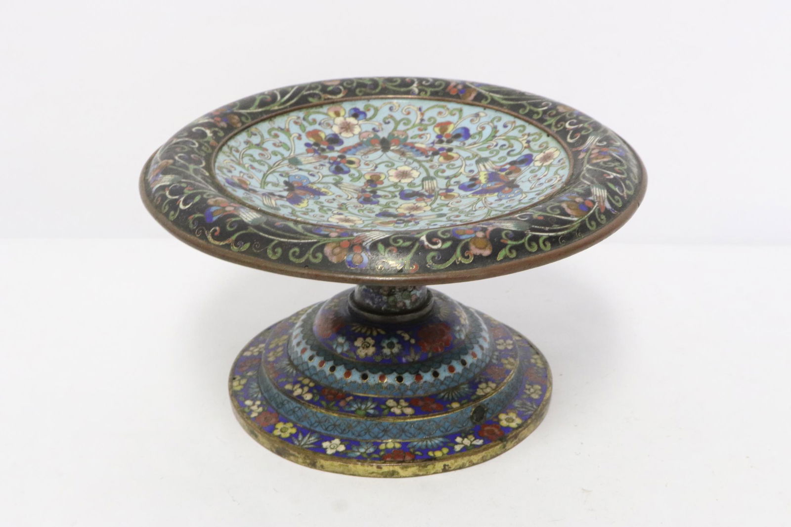 Chinese antique bronze based cloisonne stem plate (1 of 9)