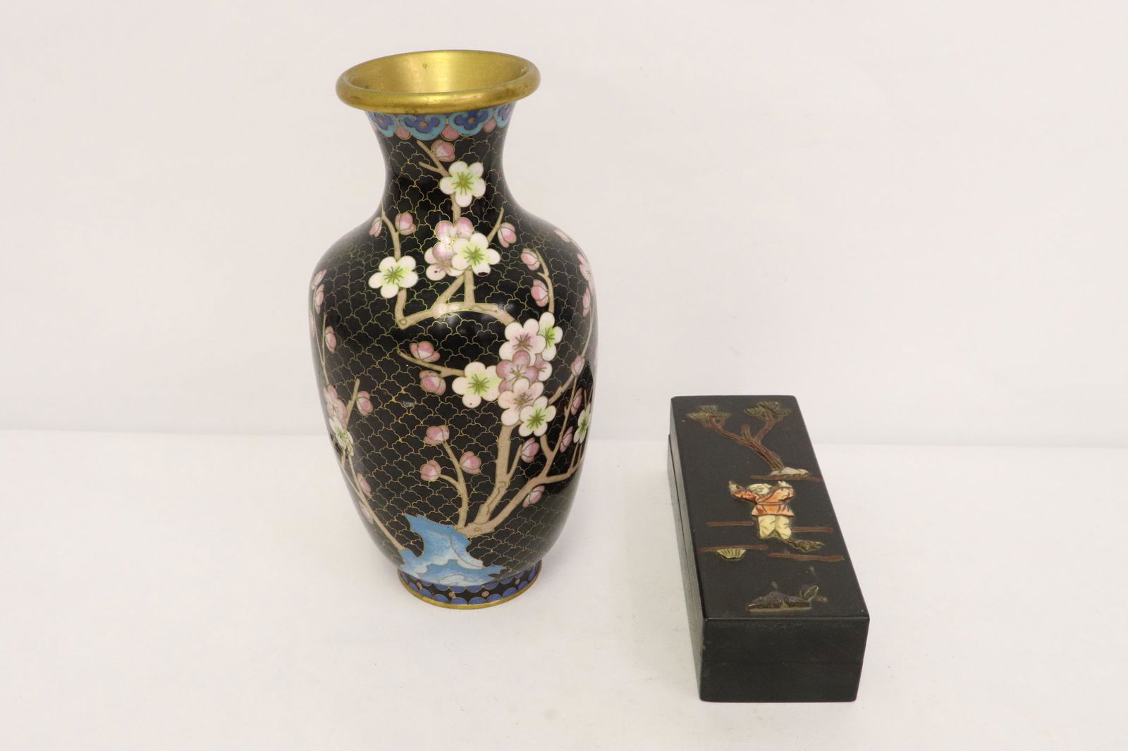 2 pieces: 2 pieces; Chinese 19th/20th century cloisonne vase (8.25"Hx4"dia) and a Chinese antique lacquer box (1.75"Hx6.2"x2.25") with bone overlay, losses