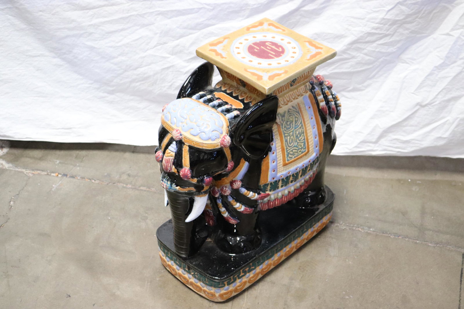 Porcelain garden stool in elephant motif: Porcelain garden stool in elephant motif, 22"Hx21.5"x9.5"