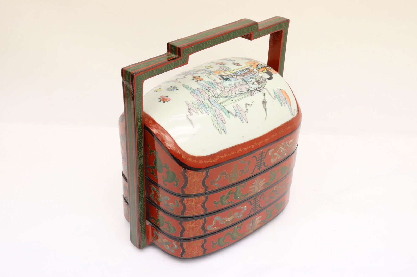 vintage lacquer stacked box w/ antique porcelain plaque (1 of 10)