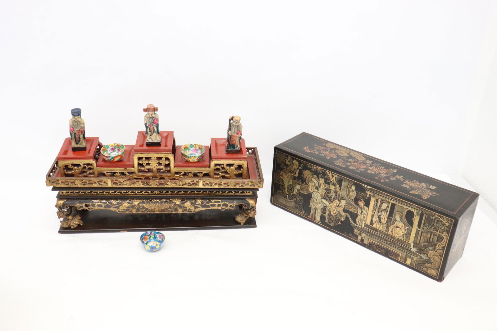 antique altar in lacquer box w/ antique deities & bowls (1 of 14)