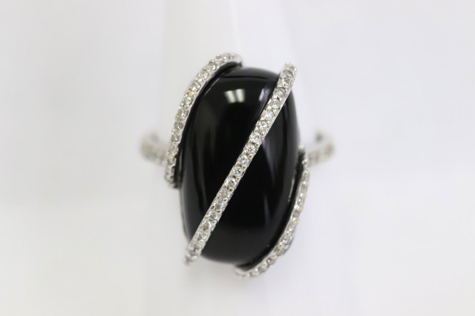 14K W/G ring w/ black onyx & 3 band of diamonds (1 of 11)