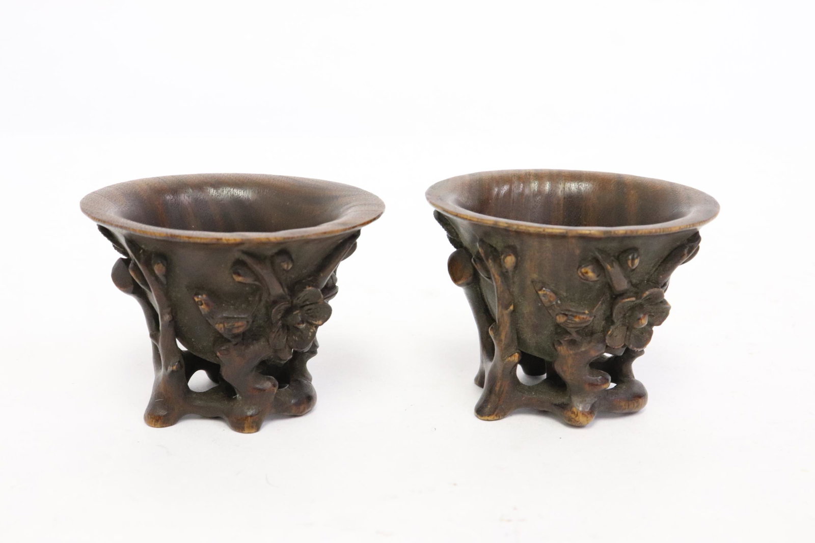Pair Chinese 19th c. rosewood carved libation cups: Pair Chinese 19th century rosewood carved libation cups, beautiful example, 1.5"Hx2"x1.55" each