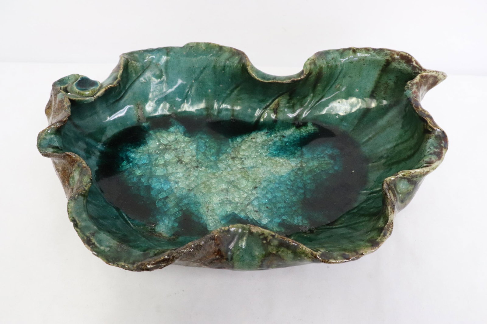 Chinese green glazed pottery brush wash: Chinese green glazed pottery brush wash, 3.4"Hx14.5"x9.75"