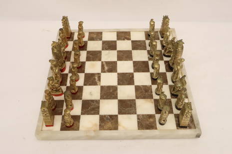 Marble chess board & painted metal chess pieces: Marble chess board (1.25"Hx13.35"x13.35") and painted metal chess pieces (1.95"H - 3.25"H)