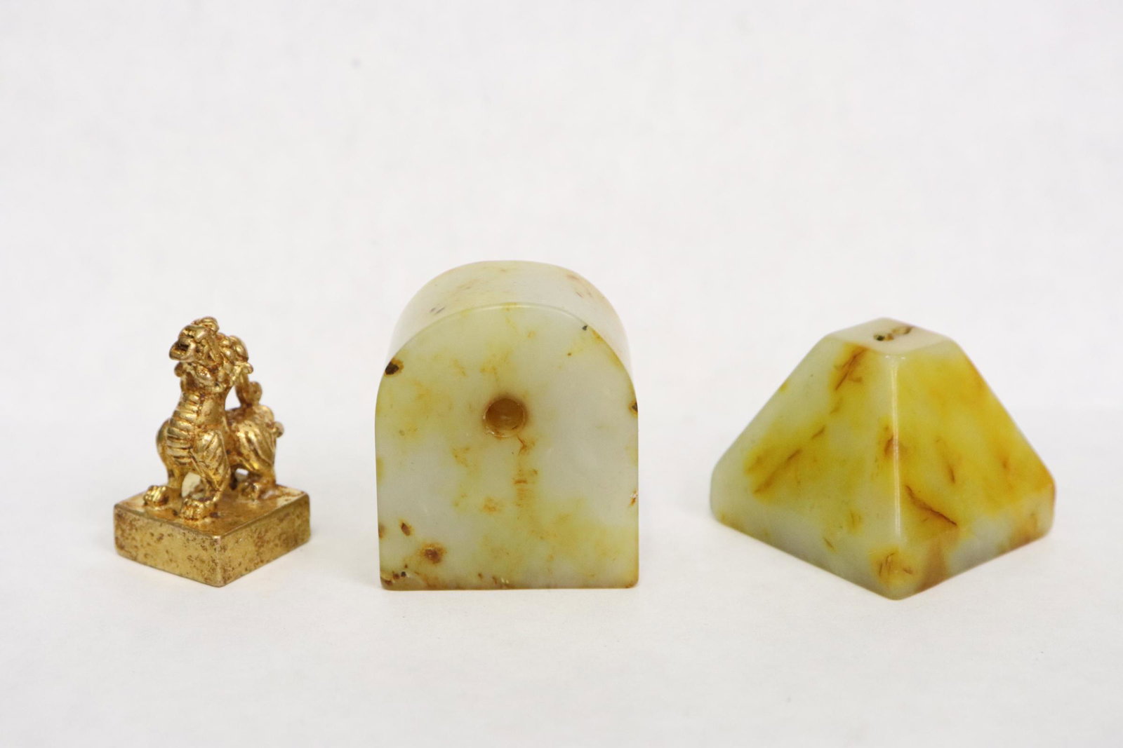 2 jade like stone seal and a small gilt bronze seal (1 of 10)