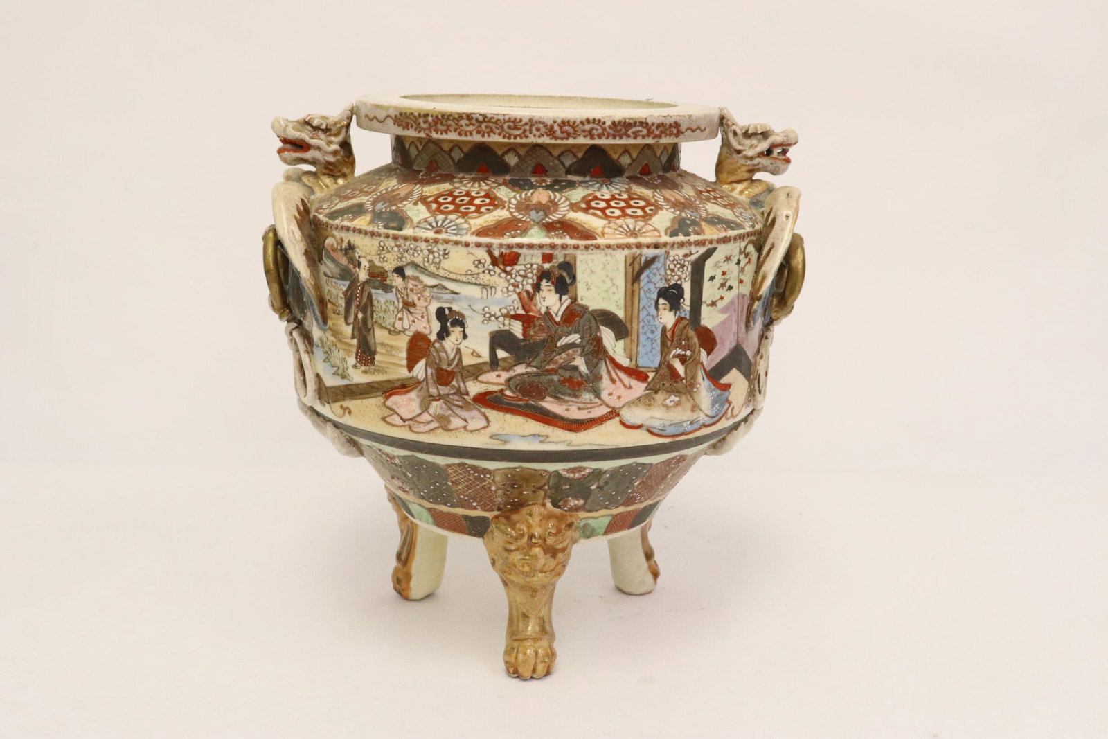 Antique Japanese satsuma tripod censer, no cover: Antique Japanese satsuma tripod censer, no cover, 9.5"Hx9.25"x8"