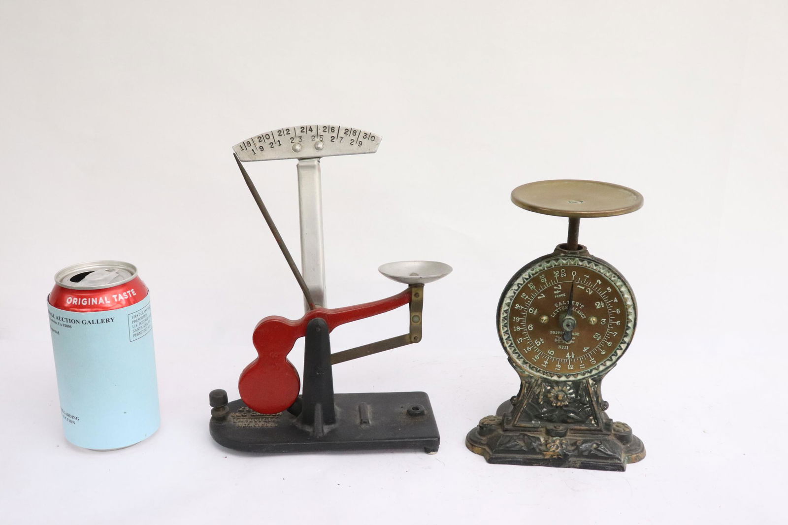 2 pieces: 2 pieces; a Salter's cast iron scale (7.1"H), and a Victorian Zenith cast iron egg grader (8.5"H)