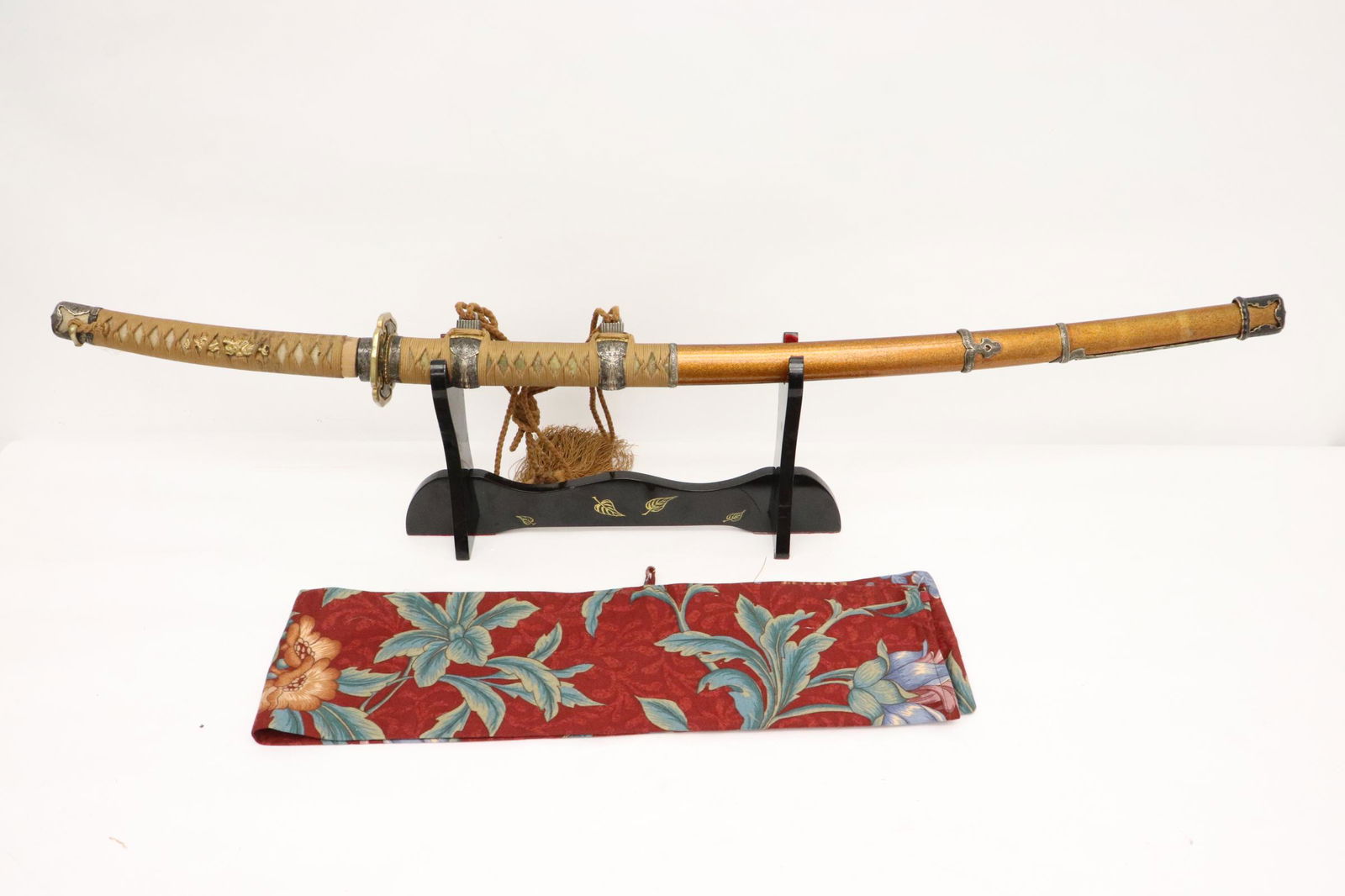 Japanese antique samurai sword, signed, w/ stand