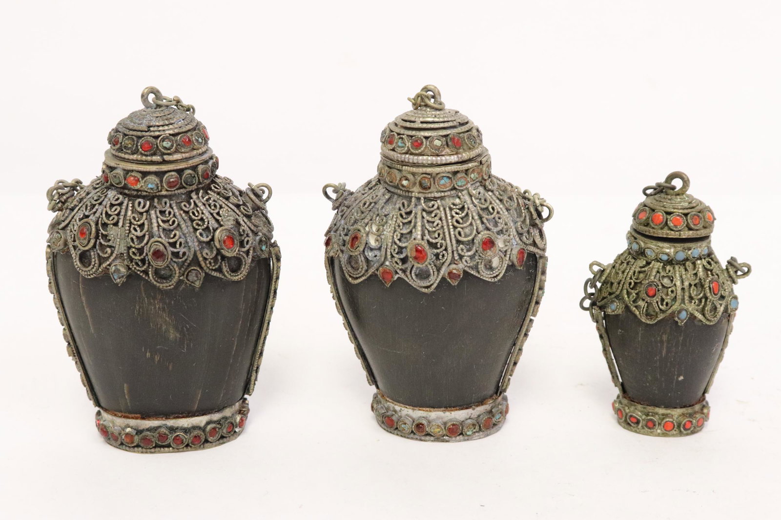 3 Chinese horn like snuff bottles with metal overlay (1 of 11)