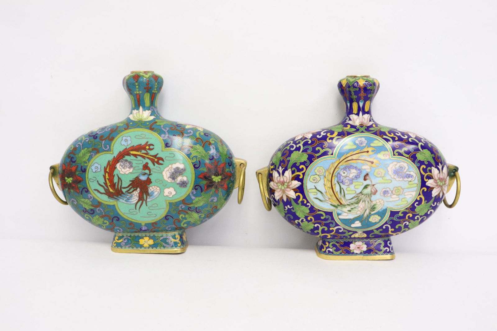 Pair Chinese cloisonne flasks: Pair Chinese cloisonne flasks, made imperfectly, wobbles when stand 7.25"Hx8.2"x2.35" each