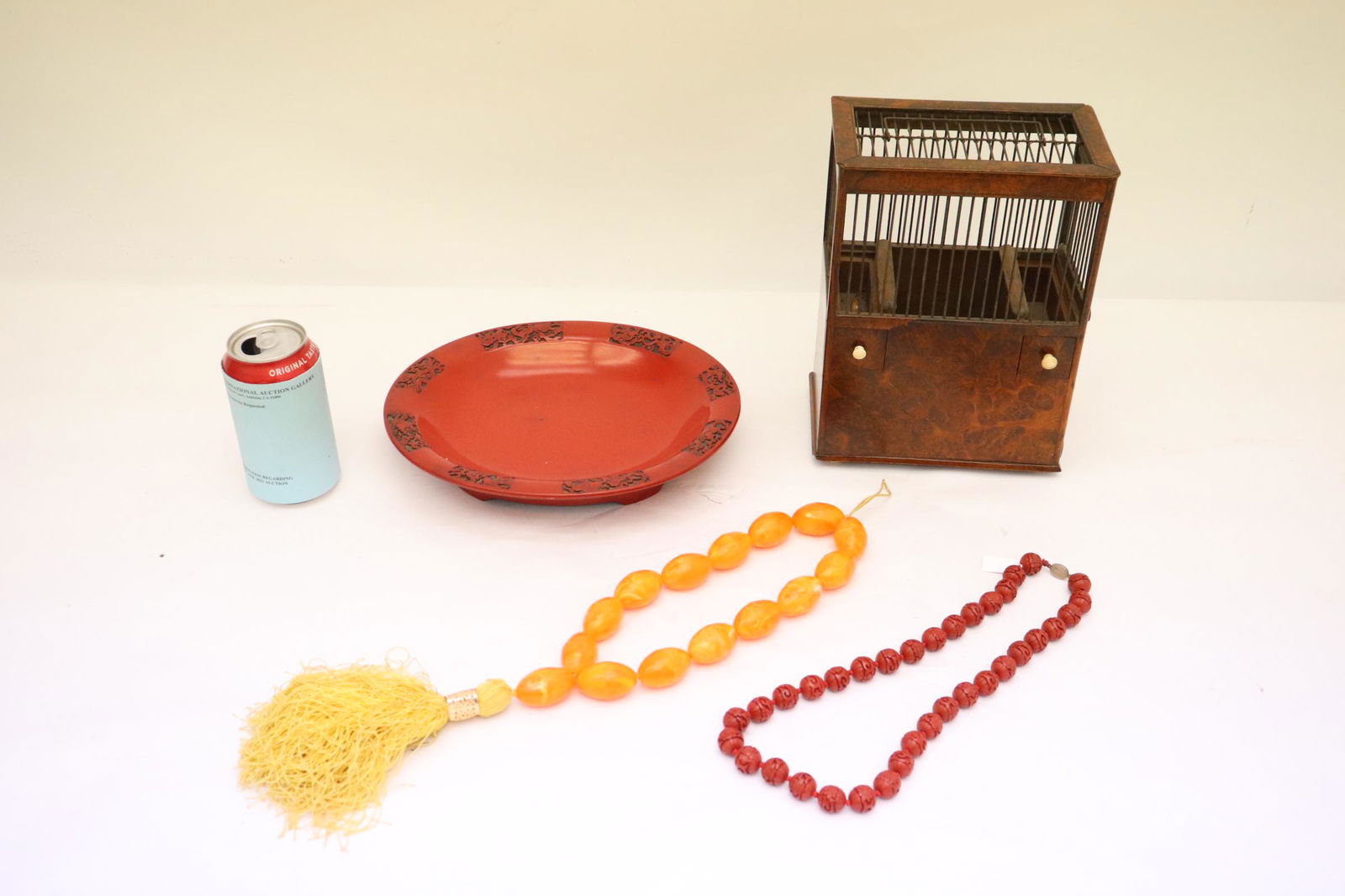 Bird cage, simulated cinnabar plate & 2 necklaces (1 of 11)