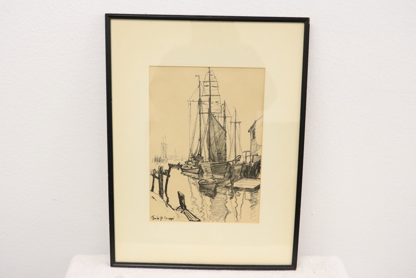 Ink on paper "harbor scene" by Emile Gruppe (1 of 7)