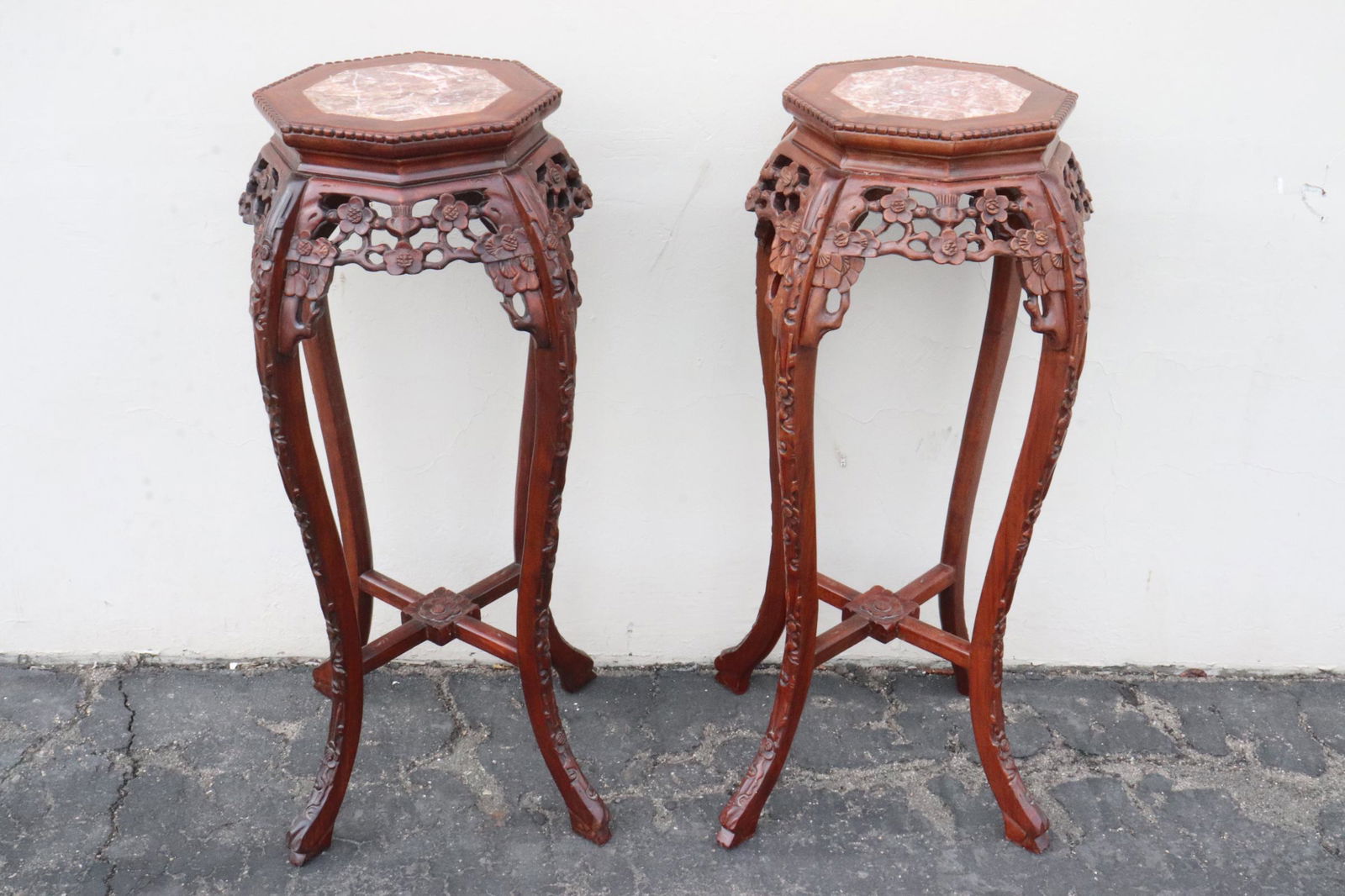 Pair Chinese marble top rosewood pedestal stands (1 of 12)