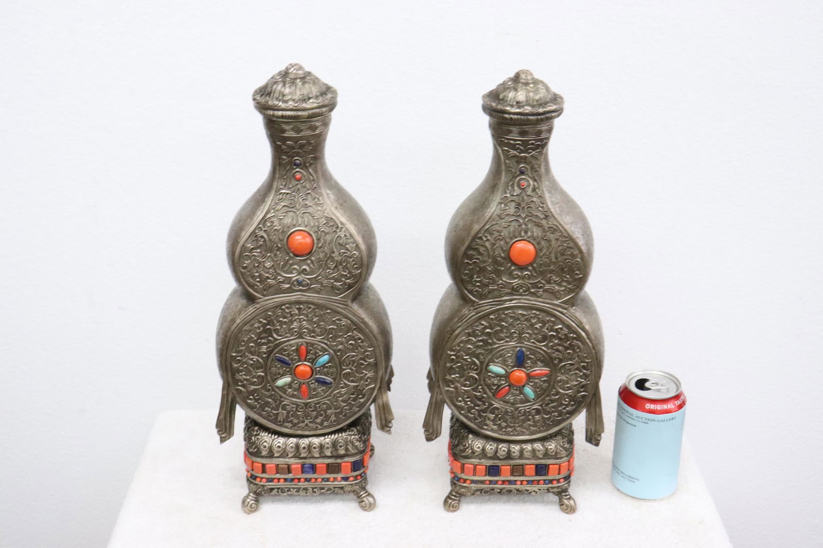 Pair large Tibetan/ Nipol silver on copper vases (1 of 10)