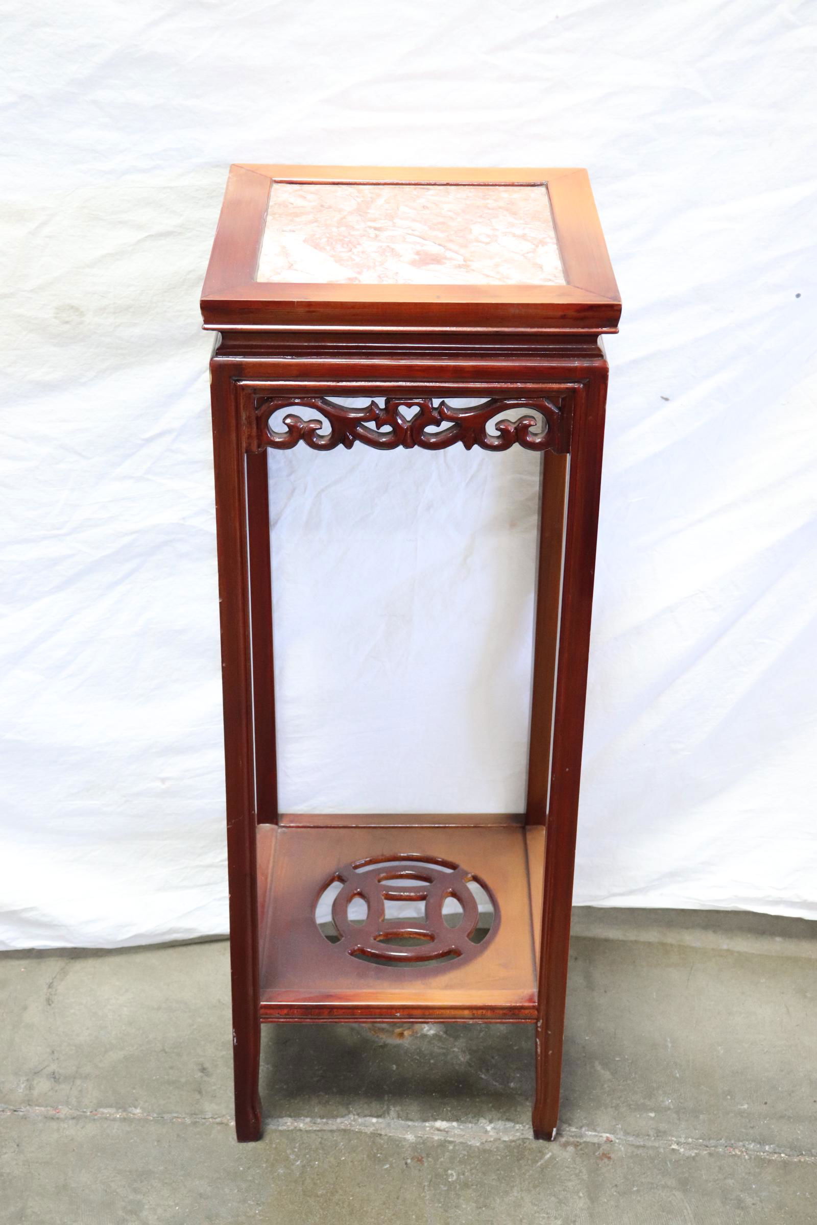 Chinese rosewood marble top square pedestal stand (1 of 11)