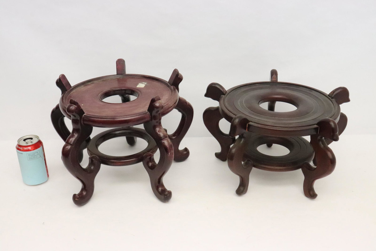 2 Chinese wood stands: 2 Chinese wood stands (one repair, 10.9"Hx16.4"dia, 9"Hx16.25"dia)